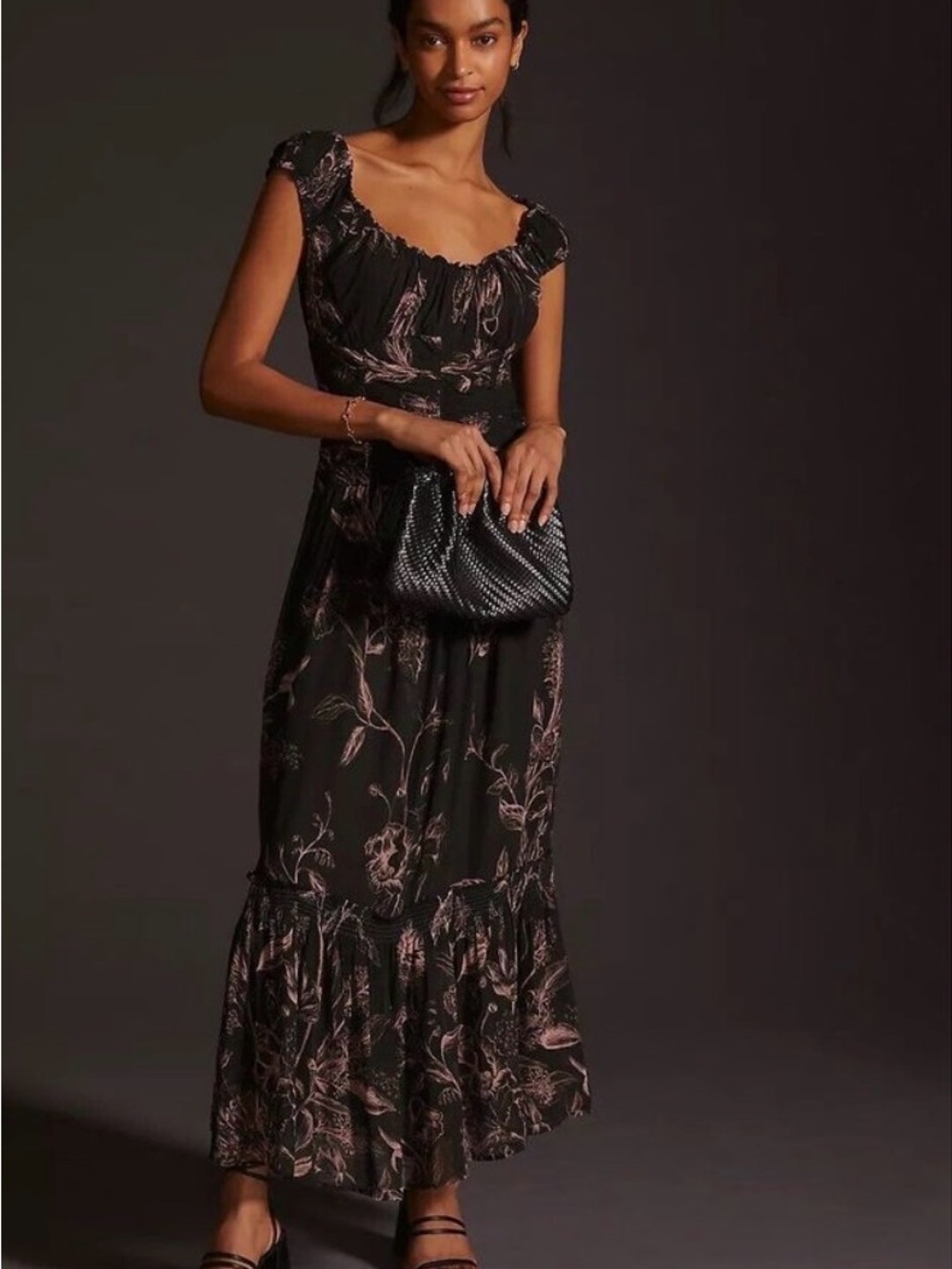Anthropologie Dark Floral Ruched Sweetheart Midi Dress XXS Smocked Whimsigoth